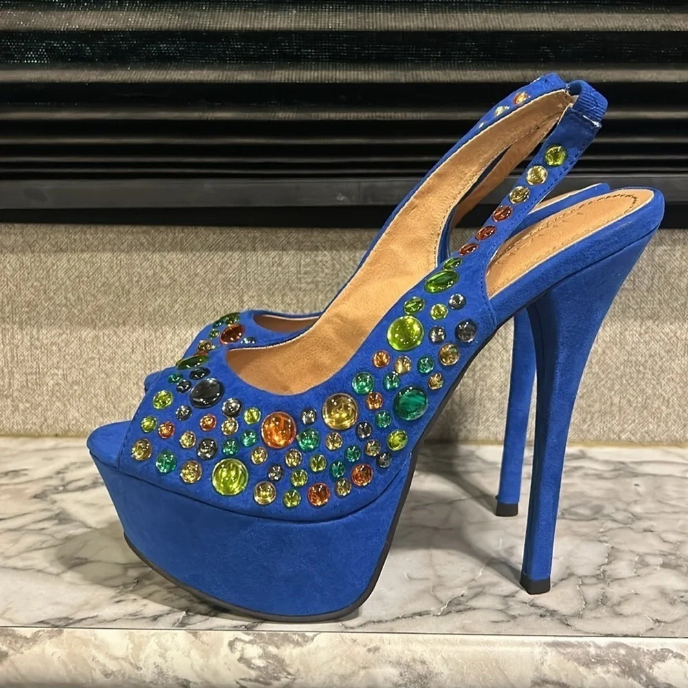 Liliana Women’s Phoebe 2 Heels Rhinestone Peep Toe Platform Slingback‎ Pumps NIB